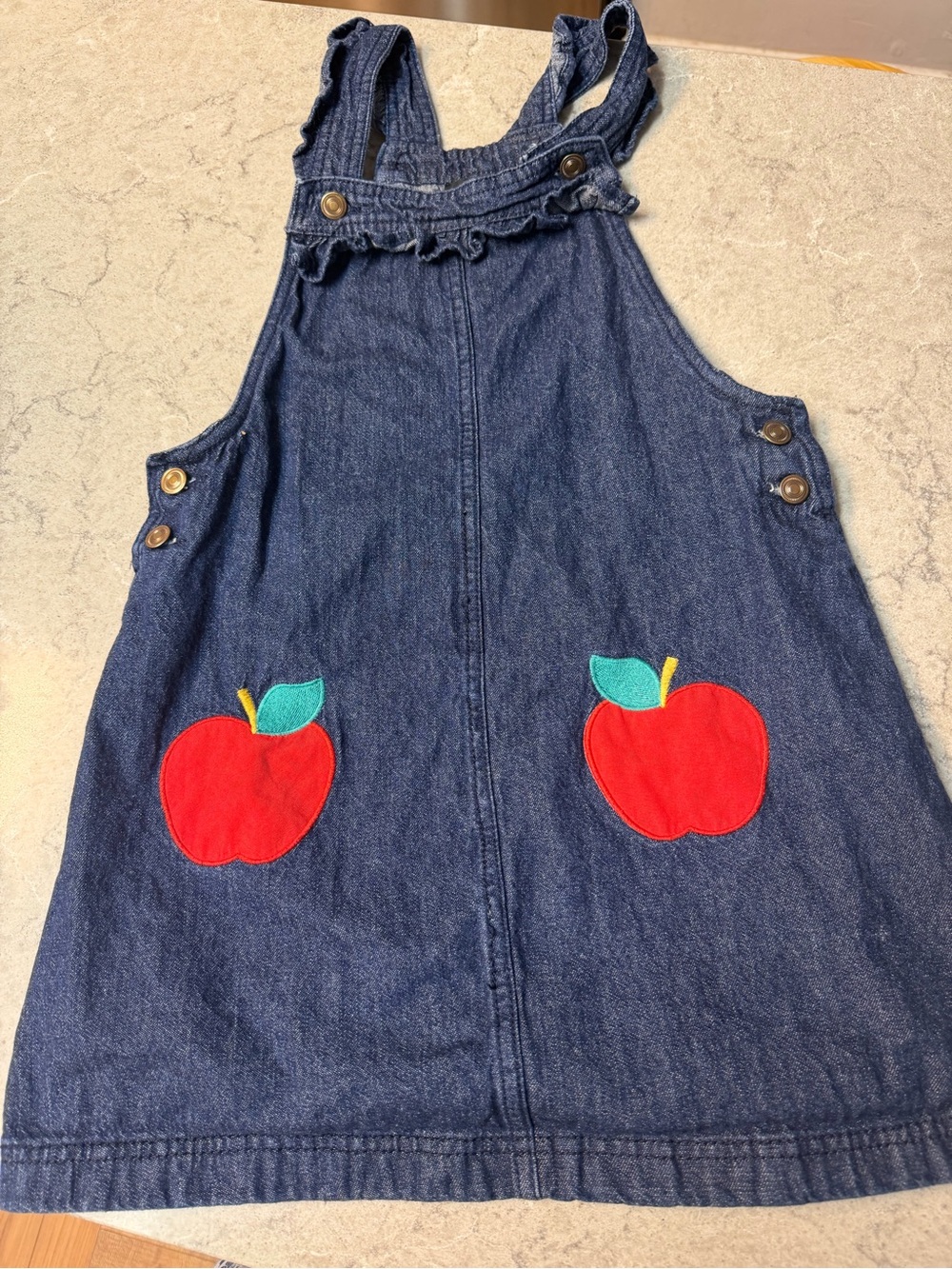 Cynthia Rowley Navy Denim Overall Dress with Red Apple Appliqués